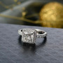lab diamond princess cut halo wedding ring in 950 platinum shown in a lifestyle photo