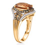 side view of honey scapolite yellow sapphire and moissanite halo ring in 18k yellow gold over sterling silver