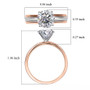 scale image showing dimensions of a lab grown 2.00 carat round diamond solitaire ring in two tone rose gold and platinum