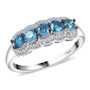 front view of lab blue and white diamond five stone halo ring in rhodium over sterling silver