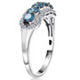 side view of lab blue and white diamond five stone halo ring in rhodium over sterling silver