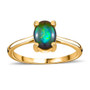 front view of ammolite oval solitaire ring in 18k yellow gold over sterling silver