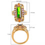 top view of ammolite multi-color sapphire and zircon halo cocktail ring in 18k yellow gold over sterling silver
