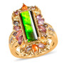 front view of ammolite multi-color sapphire and zircon halo cocktail ring in 18k yellow gold over sterling silver