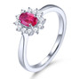 ruby and white zircon oval halo ring in rhodium over 925 sterling silver