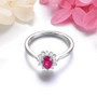 Ruby and White Zircon Oval Halo Ring In Rhodium over 925 Sterling Silver