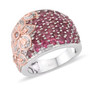 front view pink tourmaline and zircon floral cluster band ring in two tone rose gold and rhodium over sterling silver