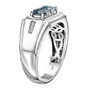 side view of aquamarine and white zircon gents ring in rhodium over sterling silver