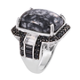 side view of pinolith black cabochon spinel and white topaz ring in rhodium over sterling silver