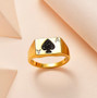 angled view of black spinel ace of spades gents ring in 18k yellow gold over sterling silver