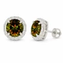 back view of sphene and diamond halo stud earrings in 18k white gold