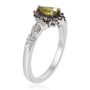 side view of sphene brown and white zircon pear halo ring in rhodium over sterling silver