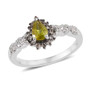 angled front view highlighting the pear cut sphene center stone with surrounding brown and white zircon halo