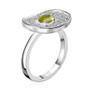 side view of sphene and oval moissanite concave ring in rhodium over sterling silver