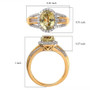 oval yellow triphane and moissanite halo ring in gold over sterling silver shown with top and side measurements