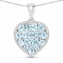 front view of aquamarine and blue chalcedony reversible heart shaped cluster pendant necklace in rhodium over sterling silver