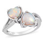 front view of australian white cabochon opal heart bypass ring in rhodium over sterling silver