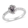 front view of gray spinel oval and moissanite dainty halo ring in rhodium over sterling silver
