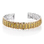 front view of yellow opal and chrome diopside cluster cuff bracelet in two-tone 18k yellow gold and rhodium over sterling silver
