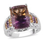 front view of ametrine amethyst and citrine concave cut ring in rhodium over sterling silver
