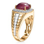 side view of ruby (ff) and lab diamond cushion halo gents ring in two-tone 10k yellow and white gold