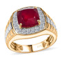 front view of ruby (ff) and lab diamond cushion halo gents ring in two-tone 10k yellow and white gold