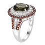 side view of moldavite brown zircon and moissanite double halo ring in rhodium over sterling silver