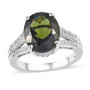 front view of moldavite and diamond triple shank ring in rhodium over sterling silver