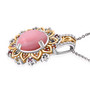 angled view of pink opal multi color sapphire and zircon pendant necklace in 18k yellow gold and rhodium over sterling silver