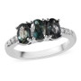 front view of multi-color parti sapphire and moissanite trilogy ring in rhodium over sterling silver