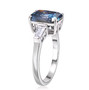 side view blue and white moissanite solitaire ring in rhodium over sterling silver