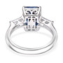 back view of blue and white moissanite solitaire ring in rhodium over sterling silver