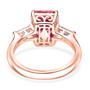 back view of pink and white moissanite solitaire ring in 18k rose gold over sterling silver