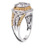 side view of moissanite and yellow sapphire halo ring in rhodium and 18k yellow gold over sterling silver