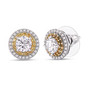 front view of moissanite and yellow sapphire halo stud earrings in rhodium and 18k yellow gold over sterling silver