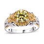 front view of yellow and white moissanite yellow sapphire flower ring in 18k yellow gold and rhodium over sterling silver