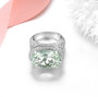 side view of prasiolite and white zircon openwork ring in rhodium over 925 sterling silver