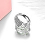 close up of prasiolite and white zircon openwork ring in rhodium over 925 sterling silver