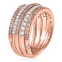 angled view pink and white diamond multi row band ring in 18k rose gold over sterling silver