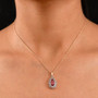 pink apatite champagne and white diamond pear double halo pendant necklace in 10k rose gold worn around the neck