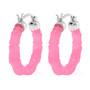 side view of pink jadeite jade bamboo hoop earrings in rhodium over sterling silver