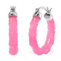 front view of pink jadeite jade bamboo hoop earrings in rhodium over sterling silver