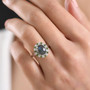 labradorite chrome diopside and zircon halo ring in rhodium over sterling silver worn on a hand