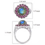full view of labradorite rhodolite garnet and zircon halo ring in rhodium over sterling silver