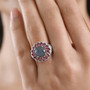 labradorite rhodolite garnet and zircon halo ring in rhodium over sterling silver worn on a hand