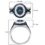 full view of blue and white diamond cluster halo ring in rhodium over sterling silver