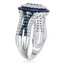 side view blue and white diamond halo ring showing split shank