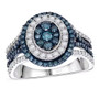 front view of blue and white diamond cluster halo ring in rhodium over sterling silver