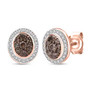 brown and white diamond cluster halo stud earrings in rose gold and rhodium over sterling silver