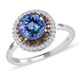 front view of unheated tanzanite champagne and white diamond round double halo ring in 10k white gold